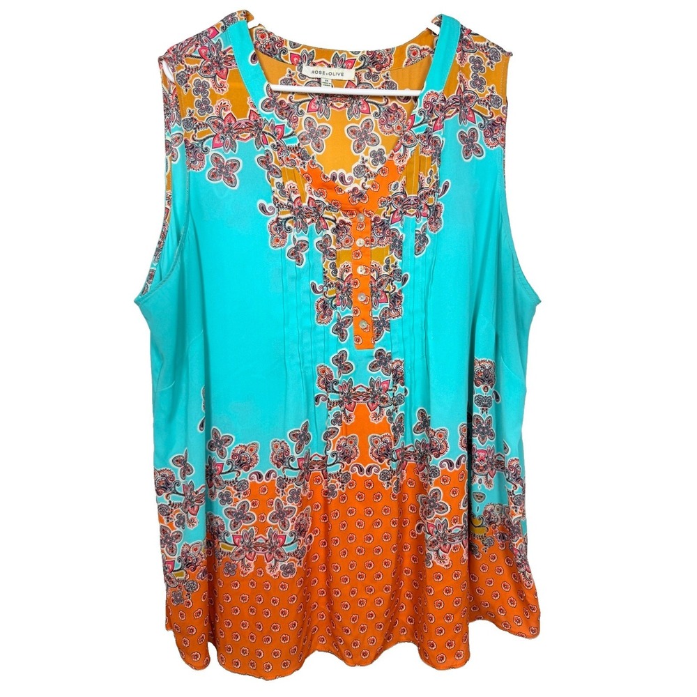 Rose + Olive Boho Paisley Sleeveless Tunic Womens 2X Plus Size Colorful Festival